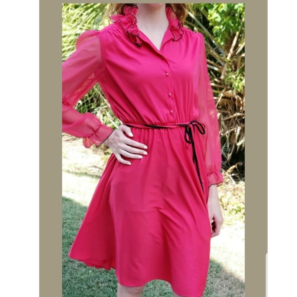 Vintage 80s Dress Hot Pink Ruffled A-line Womans